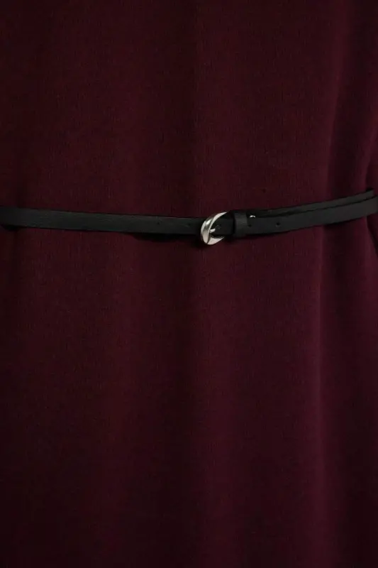 Regular Fit Bisiklet Yaka Uzun Kollu Kemerli Selanik Kumaş Maxi Tesettür Elbise-Bordo - 8