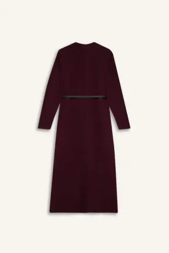 Regular Fit Bisiklet Yaka Uzun Kollu Kemerli Selanik Kumaş Maxi Tesettür Elbise-Bordo - 9