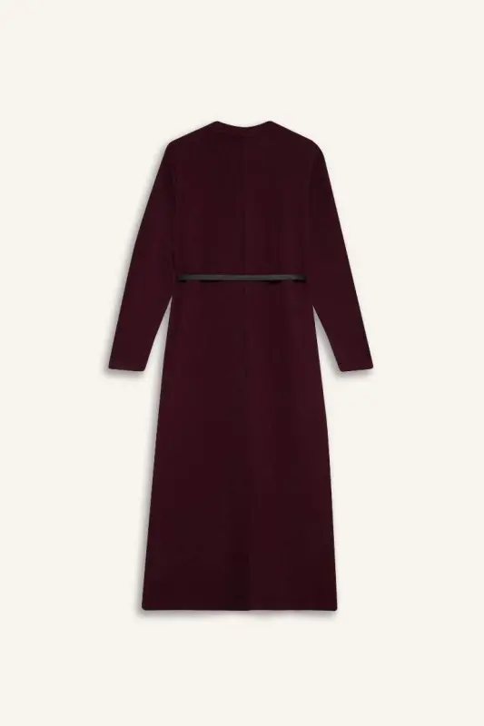 Regular Fit Bisiklet Yaka Uzun Kollu Kemerli Selanik Kumaş Maxi Tesettür Elbise-Bordo - 9