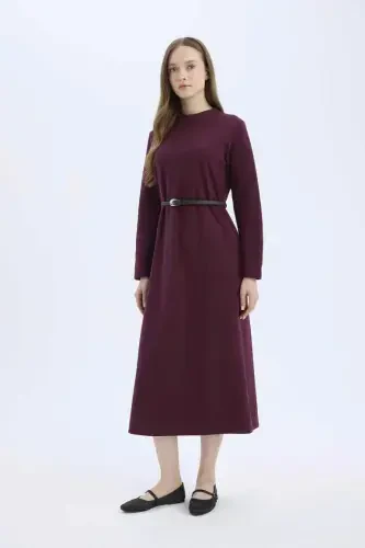 Regular Fit Bisiklet Yaka Uzun Kollu Kemerli Selanik Kumaş Maxi Tesettür Elbise-Bordo - 3