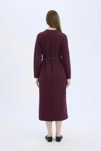 Regular Fit Bisiklet Yaka Uzun Kollu Kemerli Selanik Kumaş Maxi Tesettür Elbise-Bordo - 5