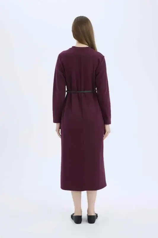 Regular Fit Bisiklet Yaka Uzun Kollu Kemerli Selanik Kumaş Maxi Tesettür Elbise-Bordo - 5