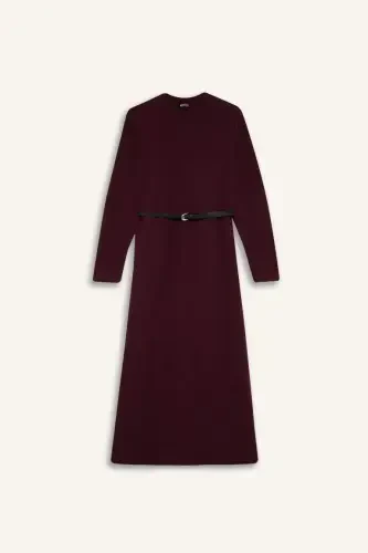 Regular Fit Bisiklet Yaka Uzun Kollu Kemerli Selanik Kumaş Maxi Tesettür Elbise-Bordo - 6