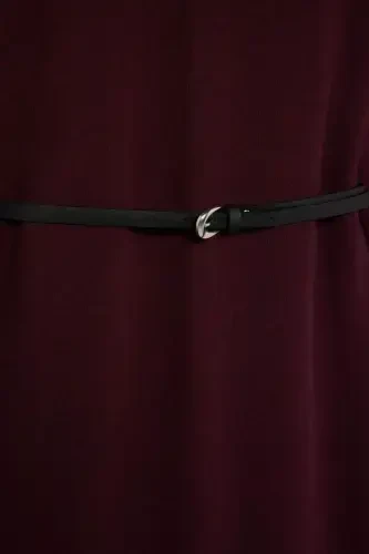 Regular Fit Bisiklet Yaka Uzun Kollu Kemerli Selanik Kumaş Maxi Tesettür Elbise-Bordo - 8