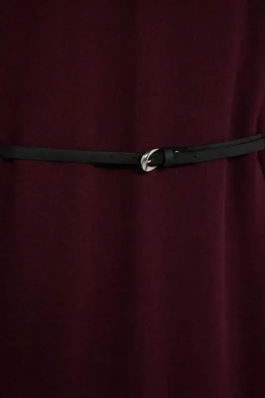Regular Fit Bisiklet Yaka Uzun Kollu Kemerli Selanik Kumaş Maxi Tesettür Elbise-Bordo - 8