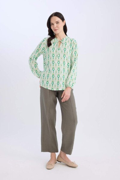 Regular Fit Bog'ichli Yoqali Naqshli Uzun Yengli Bluza-Ochiq Yashil - DEFACTO (1)