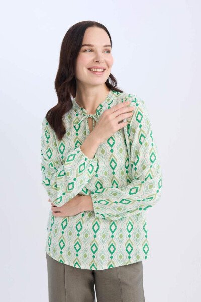 Regular Fit Bog'ichli Yoqali Naqshli Uzun Yengli Bluza-Ochiq Yashil - 3