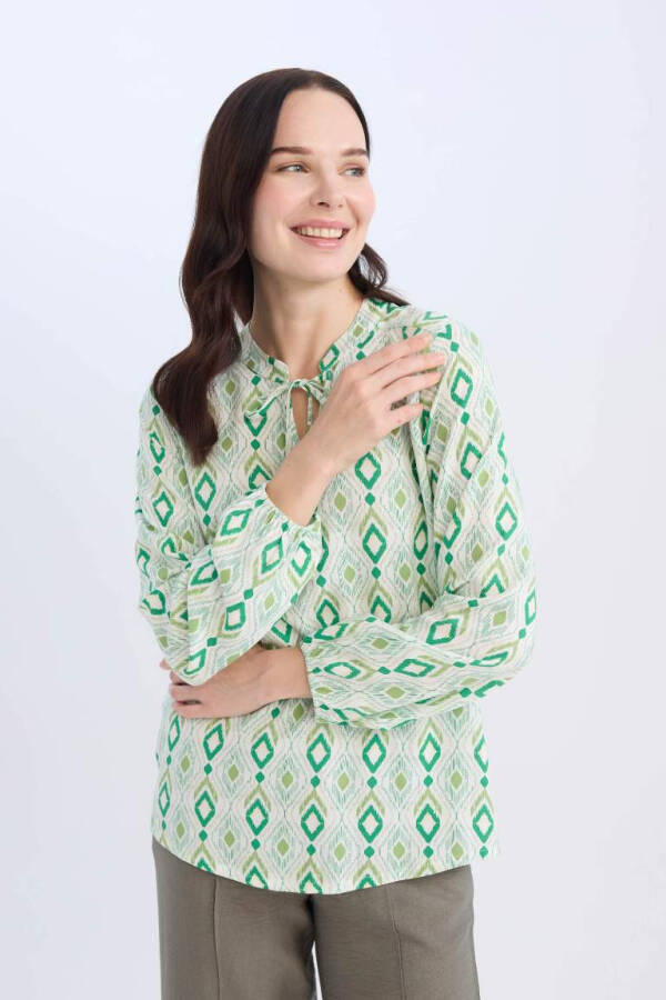 Regular Fit Bog'ichli Yoqali Naqshli Uzun Yengli Bluza-Ochiq Yashil - 3