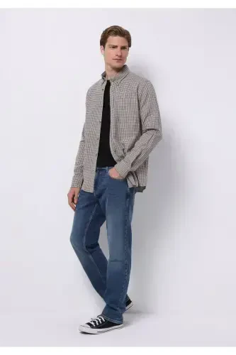 Regular fit, brown, long-sleeved, plaid men's shirt. - 3