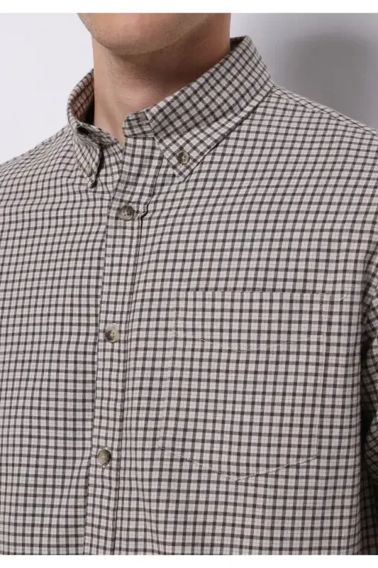 Regular fit, brown, long-sleeved, plaid men's shirt. - 4