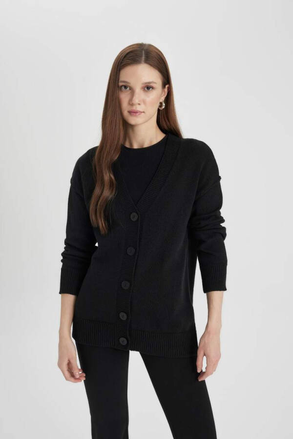 Regular Fit Button-Up V-Neck Cardigan Black - 5