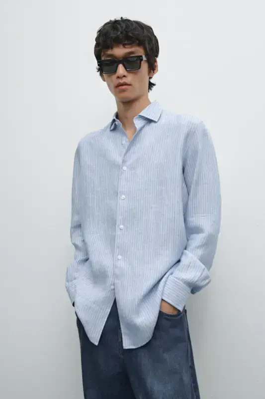 Regular fit chiziqli 100% zig'ir ko'ylak - 1