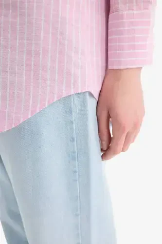 Regular Fit Chiziqli Flamli Paxta Uzun Yengli Ko'ylak Tunika-Ochiq Pushti - 5