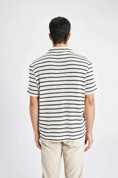 Regular Fit Chiziqli Qisqa Yengli Polo Ko'ylagi Ekru - 6