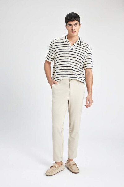 Regular Fit Chiziqli Qisqa Yengli Polo Ko'ylagi Ekru - Defacto (1)