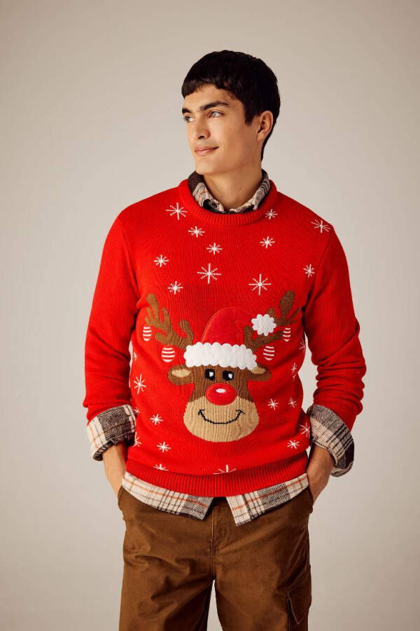 Regular Fit Christmas Theme Henley Neck Jumper Red - 1