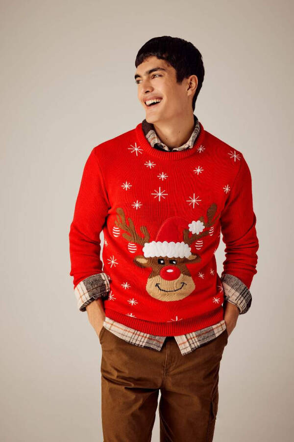 Regular Fit Christmas Theme Henley Neck Jumper Red - 2