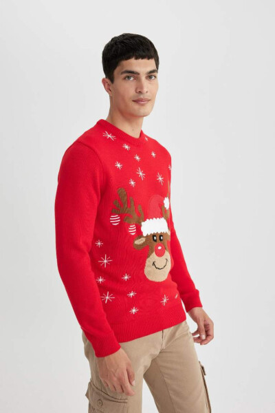 Regular Fit Christmas Theme Henley Neck Jumper Red - 4