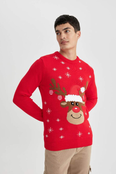 Regular Fit Christmas Theme Henley Neck Jumper Red - 6