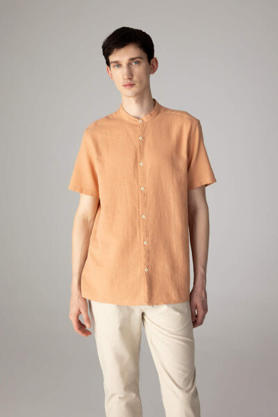 Regular Fit Collarless Cotton Short Sleeve Shirt Light Brown - 1