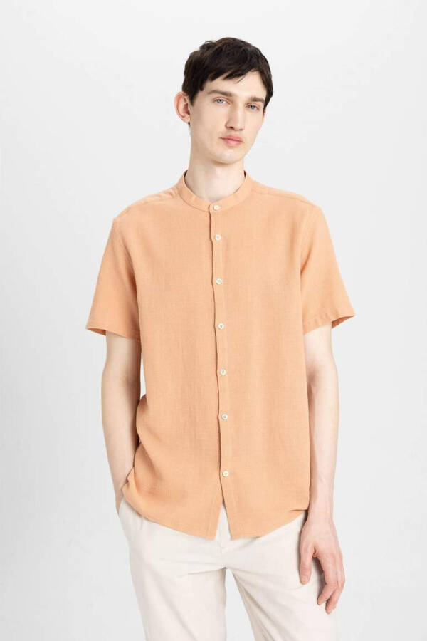 Regular Fit Collarless Cotton Short Sleeve Shirt Light Brown - 5