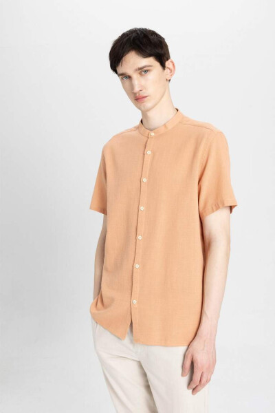 Regular Fit Collarless Cotton Short Sleeve Shirt Light Brown - 7