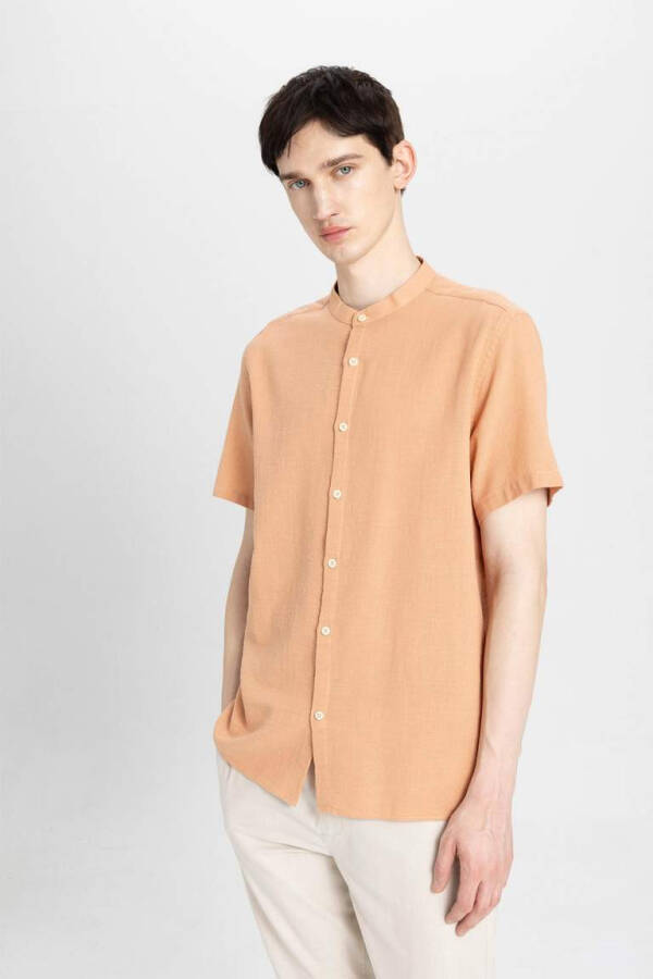 Regular Fit Collarless Cotton Short Sleeve Shirt Light Brown - 7