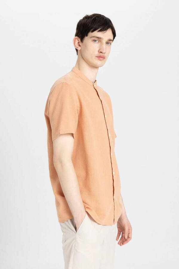 Regular Fit Collarless Cotton Short Sleeve Shirt Light Brown - 8