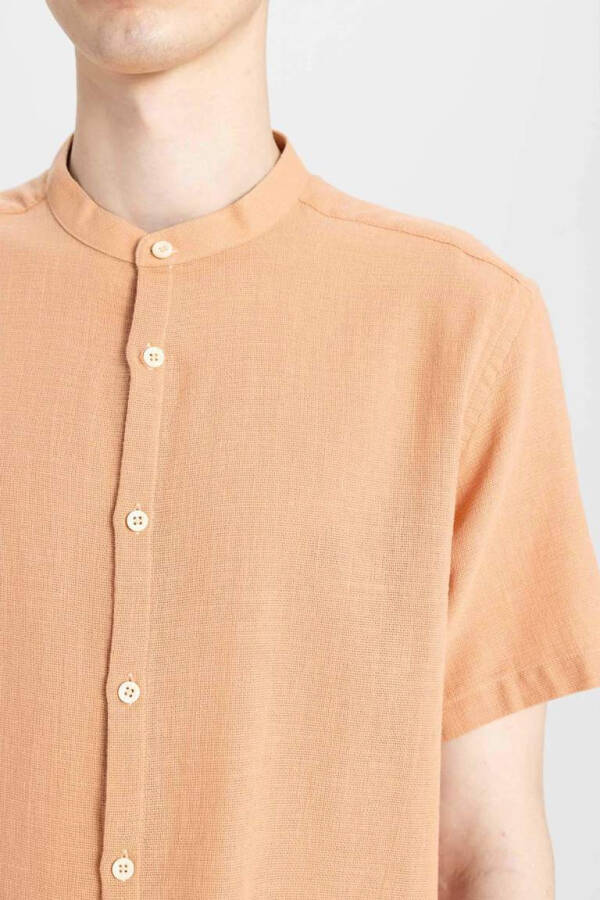 Regular Fit Collarless Cotton Short Sleeve Shirt Light Brown - 9