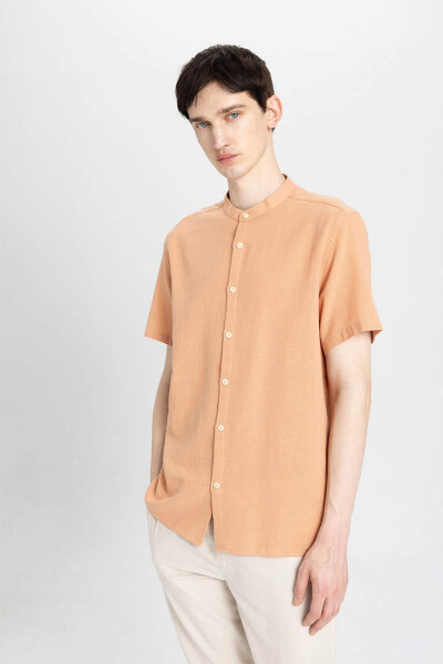 Regular Fit Collarless Cotton Short Sleeve Shirt Light Brown - 14