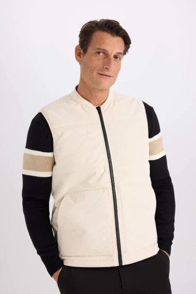 Regular Fit College Collar Zip-Up Double Pocket Seasonal Lightweight Thin Bomber Puffer Vest Stone - DEFACTO