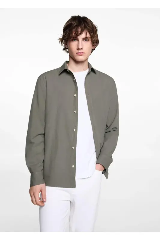 Regular Fit Cotton Shirt-Khaki Color - 2