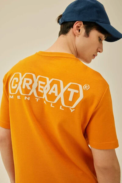 Regular Fit Crew Neck Back Printed Short Sleeve Heavy Fabric T-Shirt Orange - Defacto