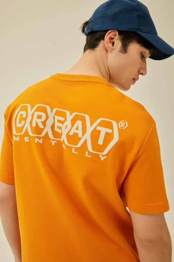 Regular Fit Crew Neck Back Printed Short Sleeve Heavy Fabric T-Shirt Orange - 1