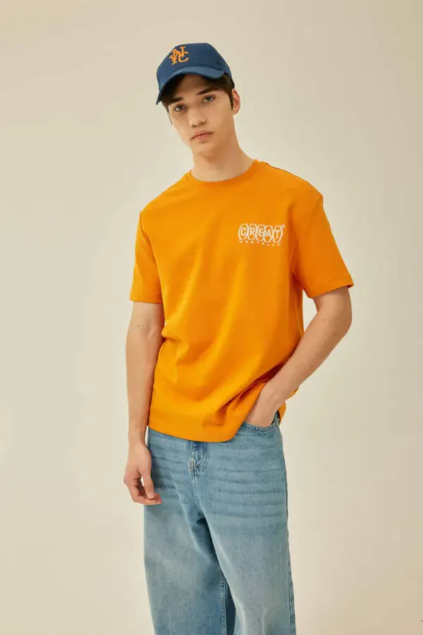Regular Fit Crew Neck Back Printed Short Sleeve Heavy Fabric T-Shirt Orange - 2