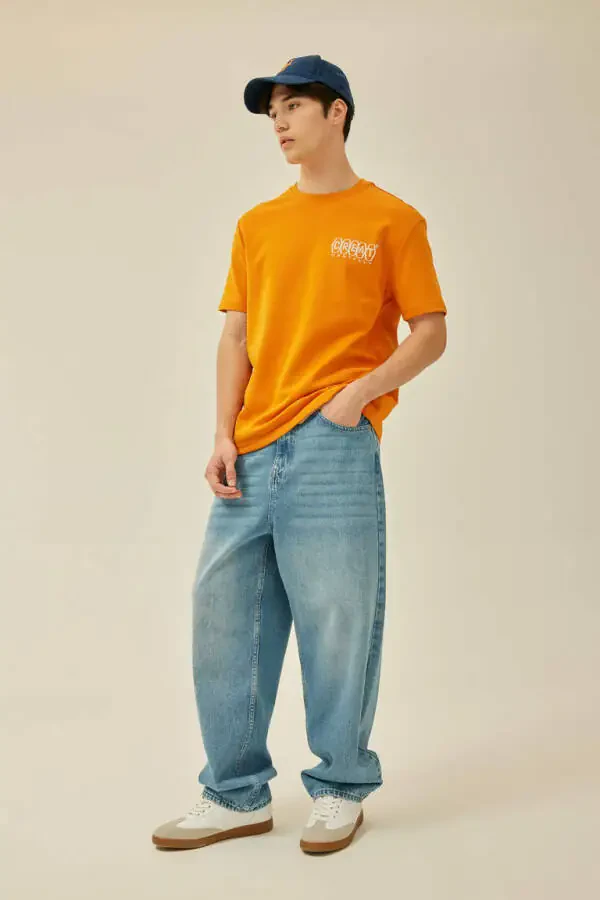 Regular Fit Crew Neck Back Printed Short Sleeve Heavy Fabric T-Shirt Orange - 3