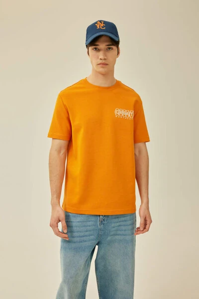 Regular Fit Crew Neck Back Printed Short Sleeve Heavy Fabric T-Shirt Orange - 4
