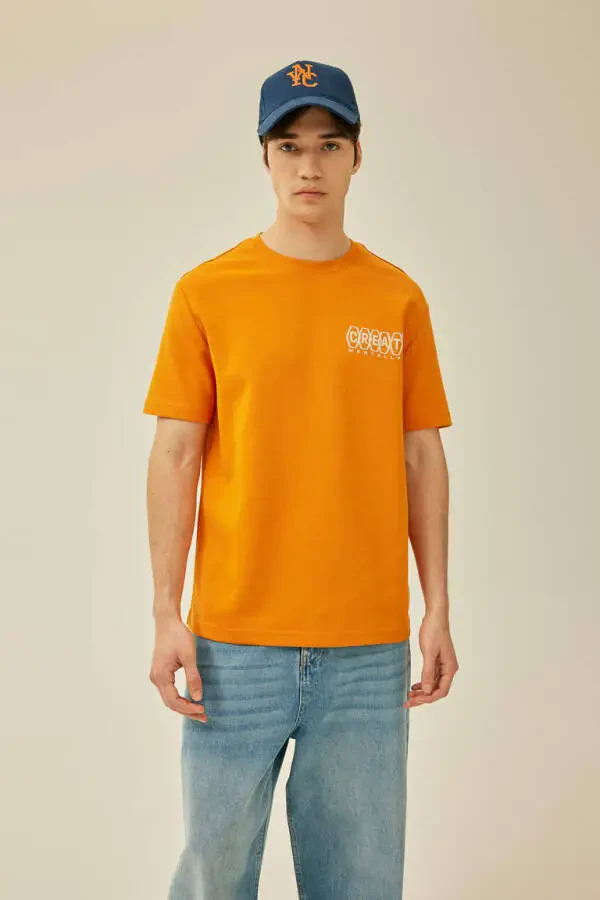 Regular Fit Crew Neck Back Printed Short Sleeve Heavy Fabric T-Shirt Orange - 4