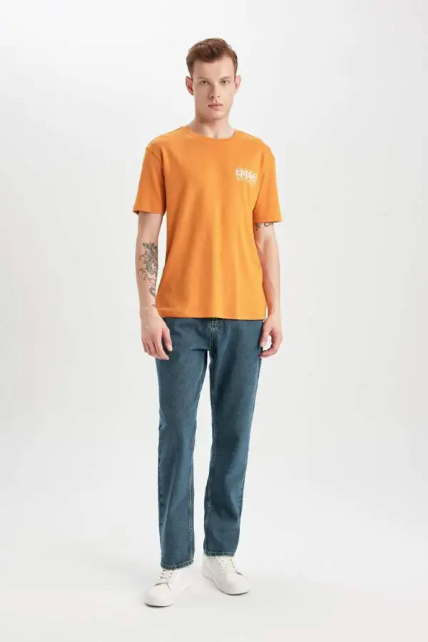 Regular Fit Crew Neck Back Printed Short Sleeve Heavy Fabric T-Shirt Orange - 6