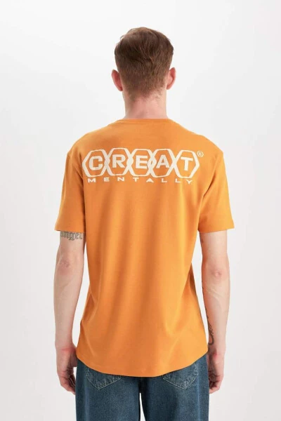 Regular Fit Crew Neck Back Printed Short Sleeve Heavy Fabric T-Shirt Orange - 10