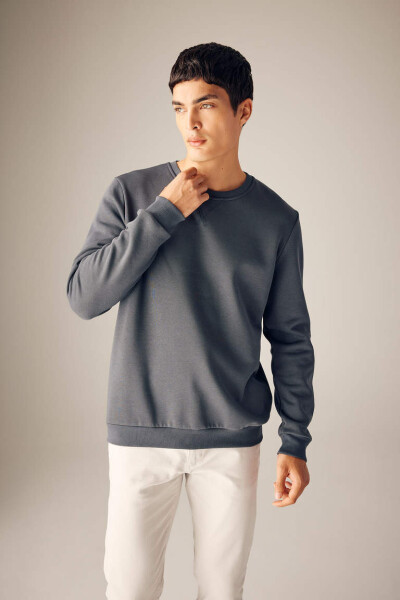 Regular Fit Crew Neck Basic Cotton Sweatshirt Anthracite - 7