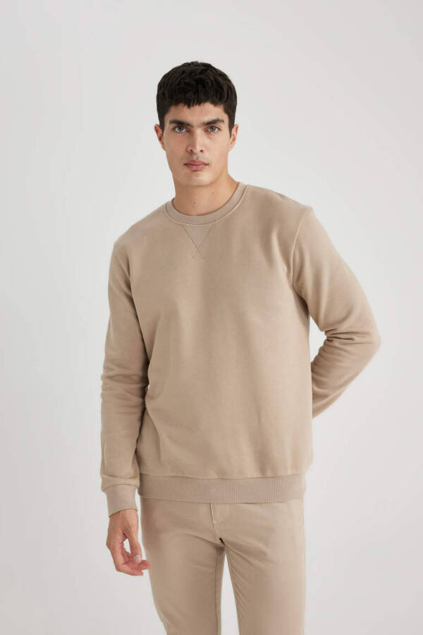 Regular Fit Crew Neck Basic Cotton Sweatshirt Beige - 1