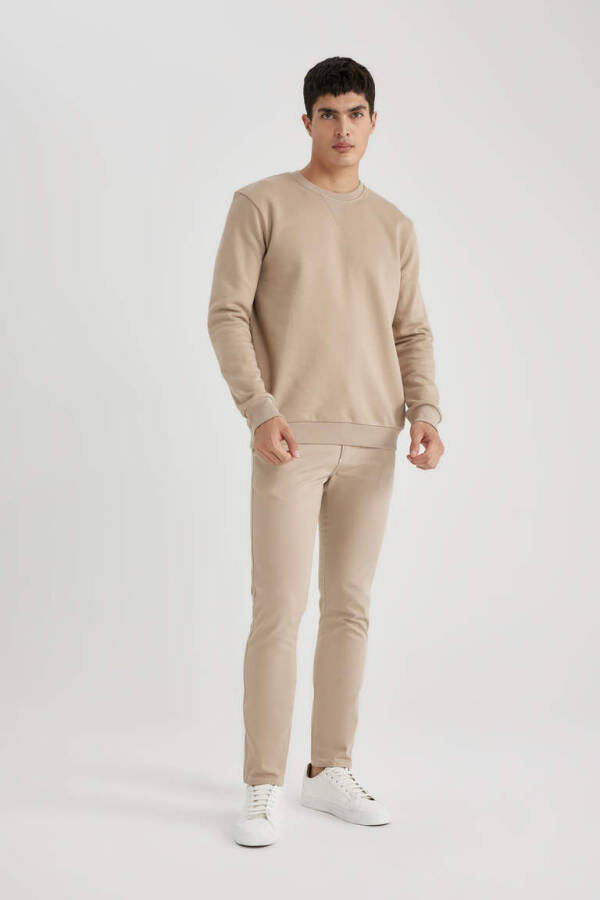 Regular Fit Crew Neck Basic Cotton Sweatshirt Beige - 2