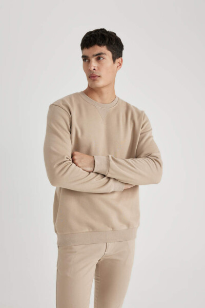 Regular Fit Crew Neck Basic Cotton Sweatshirt Beige - 3