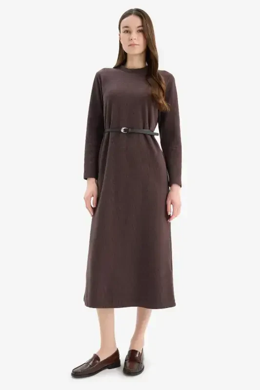 Regular Fit Crew Neck Basic Plain Belted Long Sleeve Ribbed Knit Midi Dress-Brown - 1