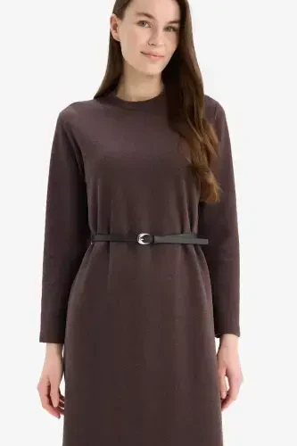Regular Fit Crew Neck Basic Plain Belted Long Sleeve Ribbed Knit Midi Dress-Brown - 3