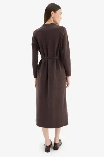 Regular Fit Crew Neck Basic Plain Belted Long Sleeve Ribbed Knit Midi Dress-Brown - 5