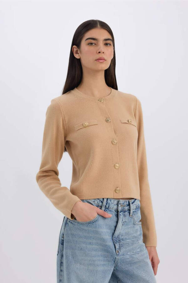 Regular Fit Crew Neck Basic Plain Gold Metal Buttoned Knit Cardigan Beige - 4