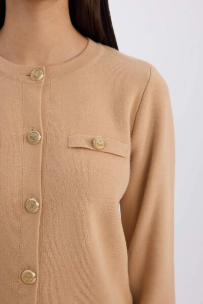 Regular Fit Crew Neck Basic Plain Gold Metal Buttoned Knit Cardigan Beige - 5