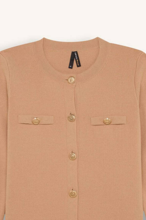 Regular Fit Crew Neck Basic Plain Gold Metal Buttoned Knit Cardigan Beige - 8